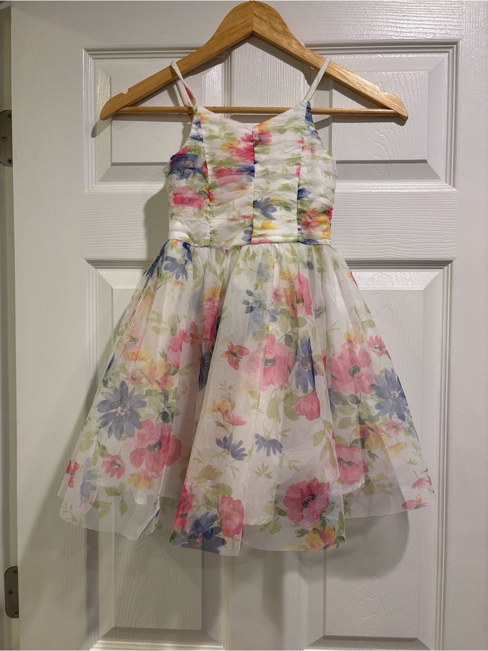Zenzi White Floral Tulle Dress with Pink and Blue Blooms
